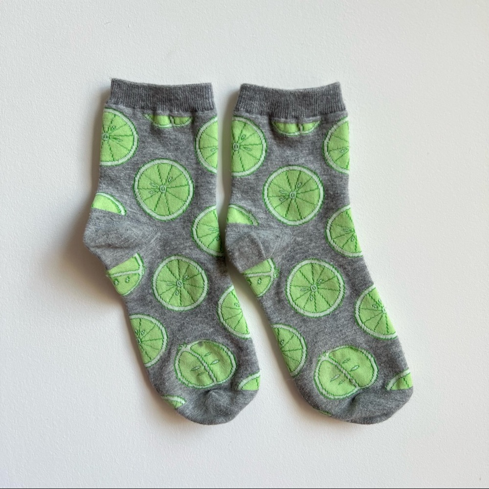 Gray lime green slices print tall socks